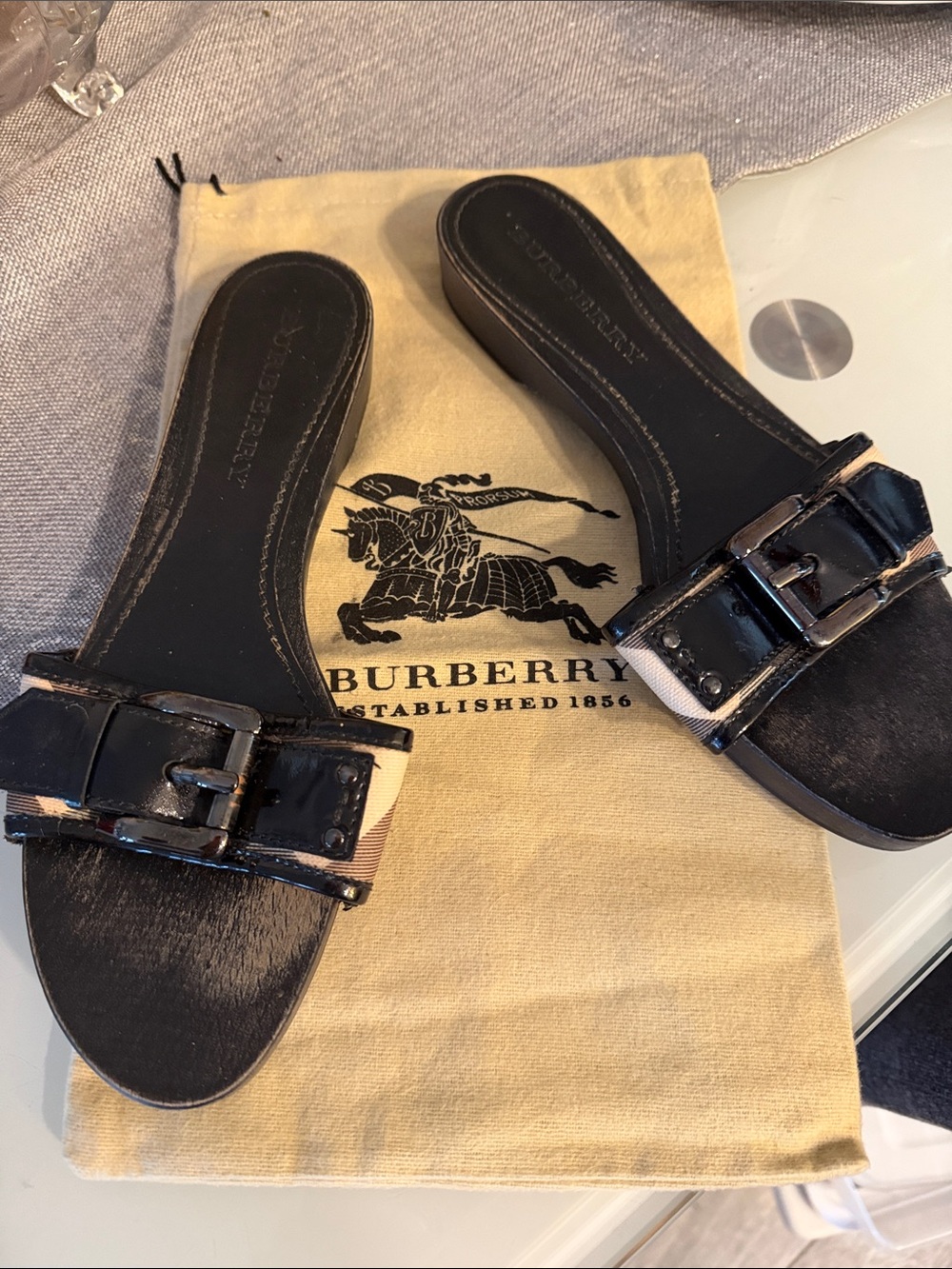 Burberry Black Patent Slide Mules with Buckle and Check Trim